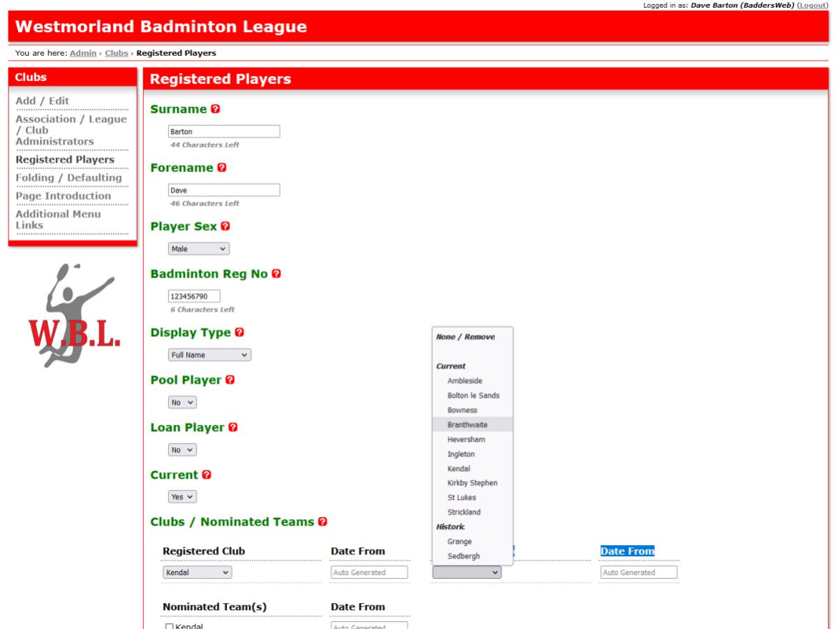 Keep a list of registered players, which teams they're registered and nominated for and when.